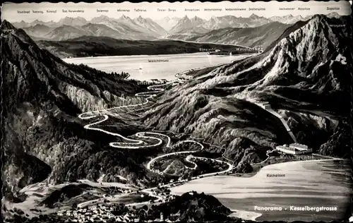 Ak Urfeld Kochel am See Oberbayern, Landkarte, Kesselbergstraße, Panorama