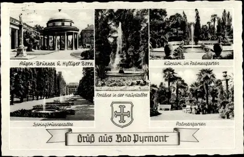 Ak Bad Pyrmont in Niedersachsen, Augen-Brunnen, Hylliger Born, Fontäne in der Hauptallee, Kurpark