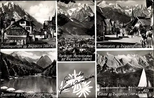 Ak Garmisch Partenkirchen in Oberbayern, Frühlingsstraße, Zugspitze, Floriansplatz, Eibsee