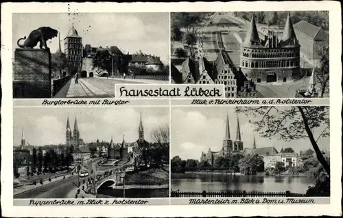 Ak Hansestadt Lübeck, Burgtorbrücke, Burgtor, Petrikirchturm, Holstentor, Puppenbrücke