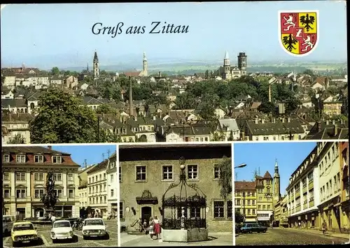 Ak Zittau in Sachsen, Herkulesbrunnen, Grüner Born, Stadtmuseum, Klosterkirche, Wappen