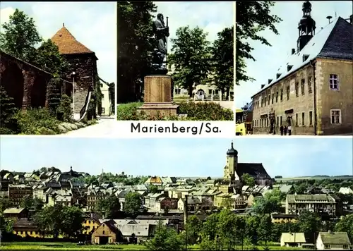 Ak Marienberg im Erzgebirge Sachsen, Zschopauer Tor, Stadtmauer, Denkmal, Rathaus, Ortsansicht