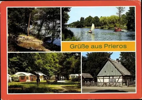 Ak Prieros Heidesee in der Mark, Campingplatz D 66 am Hutschesee, D 64 am Schmöldesee, Heimathaus