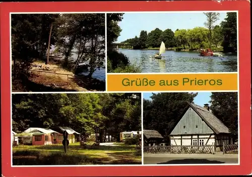 Ak Prieros Heidesee in der Mark, Campingplatz D 66 am Hutschesee, D 64 am Schmöldesee, Heimathaus