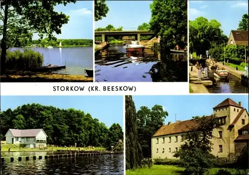 Ak Storkow in der Mark, Storkower See, Kanal, Schleuse, Strandbad, Burg