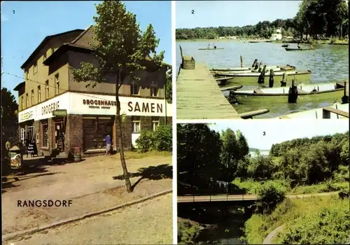 Ak Rangsdorf in der Mark Brandenburg, Seebad Allee, Drogerie, Strandbad, Bootshafen, Krumme Lanke