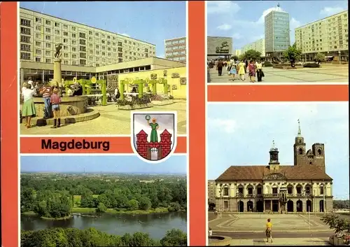Ak Magdeburg an der Elbe, Eulenspiegelbrunnen, Karl Marx Straße, Rathaus, Kulturpark Rotehorn