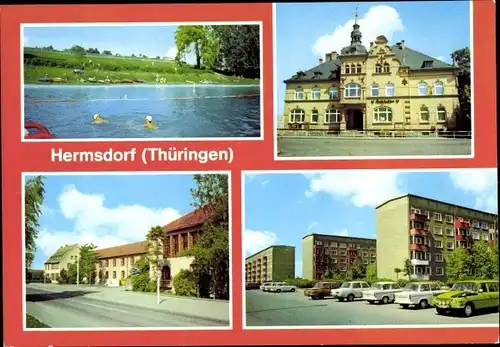 Ak Hermsdorf in Thüringen, Bad, Rathaus, Waldsiedlung, Ingenieurschule für Elektrotechnik u. Keramik