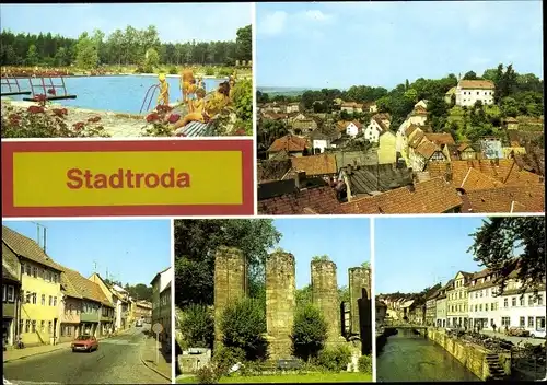 Ak Stadtroda in Thüringen, Freibad, Teilansicht, Straße der DSF, Klosterruine, Straße des Friedens