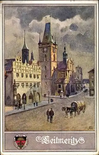 Künstler Ak Litoměřice Leitmeritz Region Aussig, Straßenpartie, Kutsche, Rathausturm