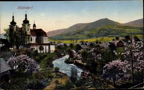 Ak Hejnice Haindorf Reg. Reichenberg, Baumblüte, Wallfahrtskirche, Fluss