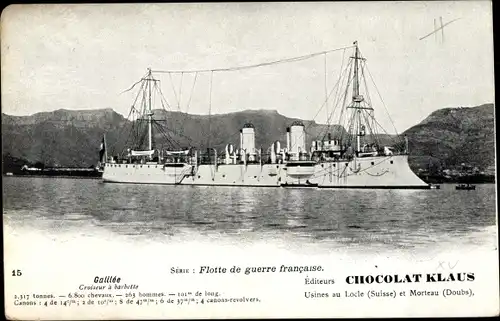Ak Französisches Kriegsschiff Galilee, Chocolat Klaus, Reklame