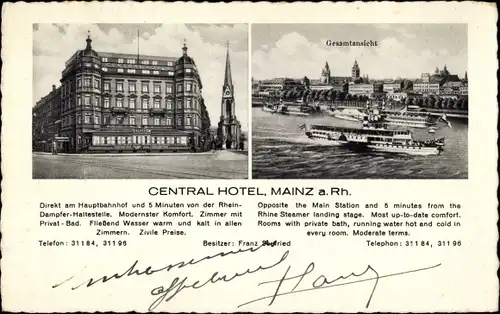 Ak Mainz in Rheinland Pfalz, Central Hotel, Besl Franz Seyfried, Gesamtansicht