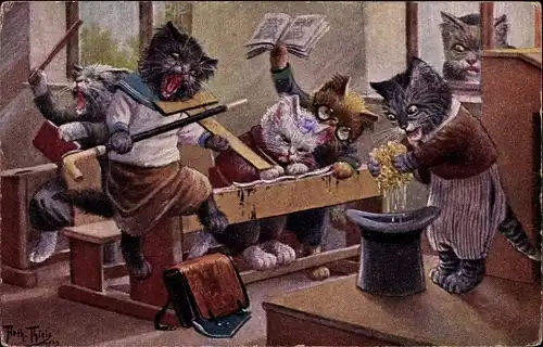 Künstler Ak Thiele, Arthur, Das Verhängnis naht, vermenschlichte Katzen in der Schule