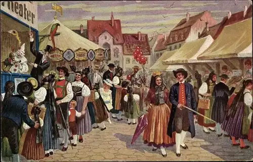 Ak Serie III, Schwarzwald Volkstrachten, Jahrmarkt, Puppentheater, Karussell, Papagei