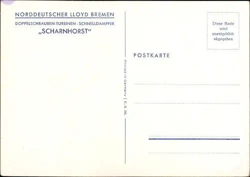 Künstler Ak Dampfer Scharnhorst, Norddeutscher Lloyd Bremen