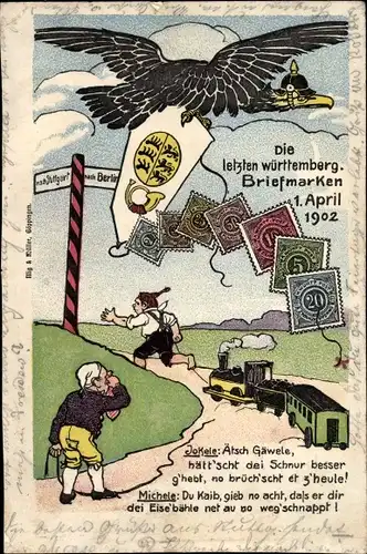 Briefmarken Ak Die letzten württembergischen Briefmarken, 1. April 1902, Deutscher Adler, Dt. Michel