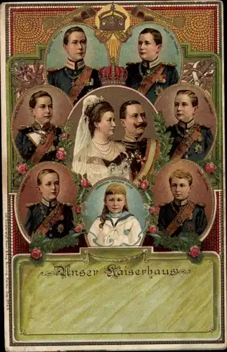 Präge Litho Deutsches Kaiserhaus, Kaiser Wilhelm II., Kaiserin Auguste Viktoria, Prinzen, Prinzessin