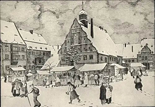 Künstler Ak Göldner Bargmann, Ellen, Grimma in Sachsen, Markt im Schnee