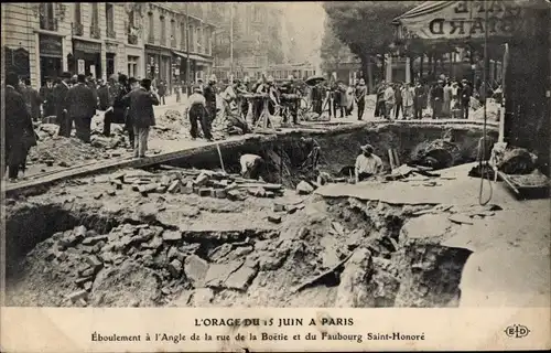 Ak Paris VIII., Sturm vom 15. Juni, Erdrutsch, Rue de la Boetie, Faubourg Saint Honore