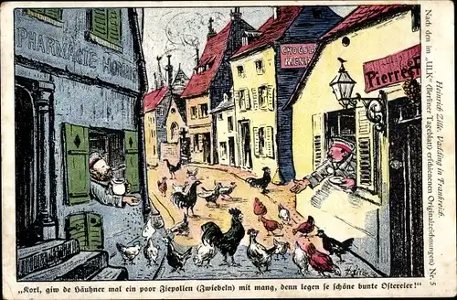 Künstler Ak Zille, Heinrich, Vadding in Frankreich, Soldaten füttern die Hühner, I. WK
