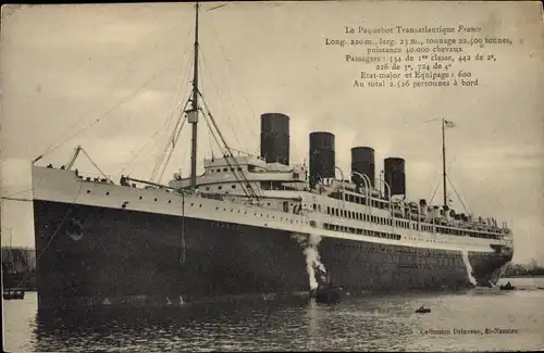 Ak Paquebot France, Dampfschiff, CGT, French Line