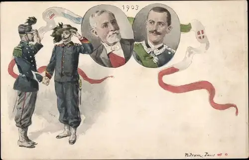Künstler Ak Italienisch Französischer Zweibund, Soldaten beider Nationen schütteln Hände, 1903