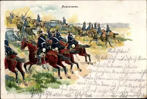 Litho Avancieren, berittene Soldaten