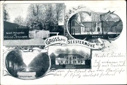 Ak Seestermühe in Schleswig Holstein, Postagentur, Wirtschaft O. Hullmann, Schule, Schloss