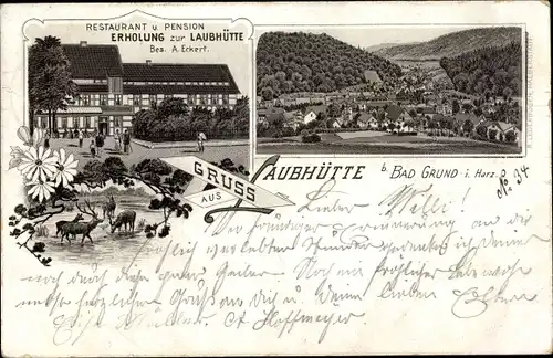 Litho Bad Grund im Harz, Restaurant Erholung zur Laubhütte v. A. Eckert, Panorama, Hirsche