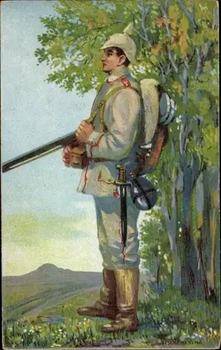 Künstler Ak Deutscher Soldat in Uniform, Ausrüstung, Wachposten