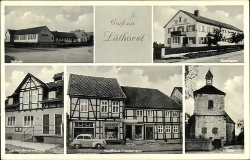 Ak Lüthorst Dassel in Niedersachsen, Schule, Kirche, Sparkasse, Kaufhaus Förstemann, Verwaltung