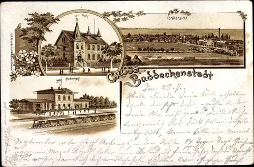 Litho Baddeckenstedt in Niedersachsen, Post, Bahnhof, Gleisansicht, Panorama vom Ort