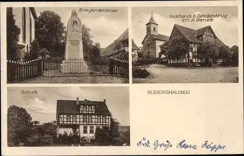 Ak Sudershausen Nörten Hardenberg in Niedersachsen, Gasthaus z. Lindenkrug, Kriegerdenkmal, Schule