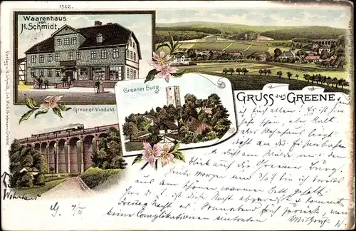 Litho Greene Einbeck in Niedersachsen, Warenhaus H. Schmidt, Viadukt, Burg