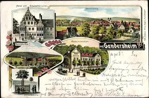 Litho Bad Gandersheim in Niedersachsen, Abtei, Elisabethbrunnen, Panorama