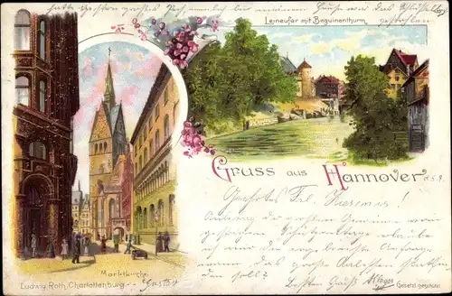 Litho Hannover in Niedersachsen, Marktkirche, Flusspartie