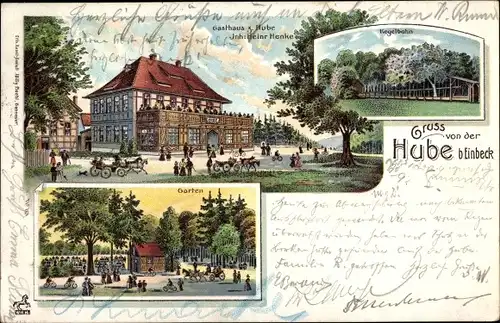 Litho Einbeck in Niedersachsen, Gasthaus zur Hube, Kegelbahn, Garten