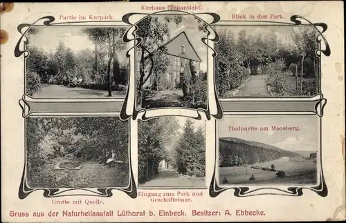 Jugendstil Ak Lüthorst Dassel in Niedersachsen, Kurhaus, Naturheilanstalt, Kurpark, Grotte