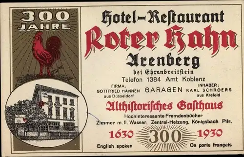 Ak Arenberg Koblenz in Rheinland Pfalz, Hotel Restaurant Roter Hahn