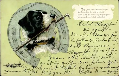 Litho Hund mit Gehstock im Maul, Hufeisen, Mög jede Karte Grüße bringen