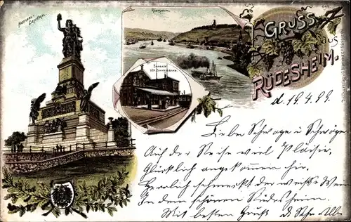 Litho Rüdesheim am Rhein, Ort mit Umgebung, Bahnhof, Niederwald Nationaldenkmal, Wappen