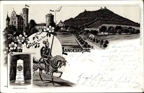 Litho Görlitz in der Lausitz, Kriegerdenkmal, Landeskrone, Reiter, Ritter, Körner Denkmal