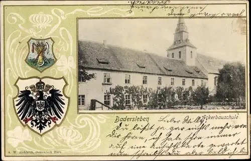 Präge Wappen Passepartout Ak Badersleben Huy am Harz, Ackerbauschule