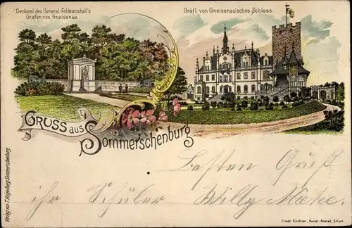 Litho Sommerschenburg Sommersdorf Sachsen Anhalt, General-von-Gneisenau-Denkmal, Schloss