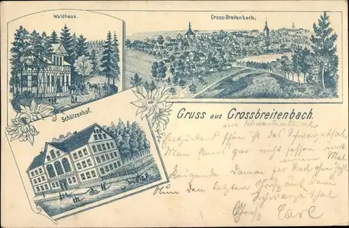 Litho Großbreitenbach in Thüringen, Waldhaus, Schützenhof, Gesamtansicht