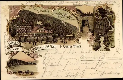 Litho Goslar am Harz, Gosewasserfall, Restaurant, Stollenpfad, Weinbergslieg