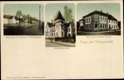 Ak Schöppenstedt in Niedersachsen, Marktplatz, Südliche Wilhelmstraße, Villa Doettinchen, Hotel