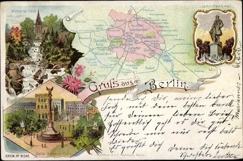 Landkarten Litho Berlin, Victoria-Park, Belle-Alliance-Platz, Jahn-Denkmal