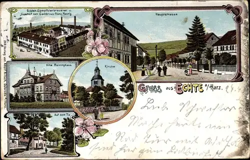 Litho Echte Kalefeld am Harz, Dampfbierbrauerei, Gasthof zum Gambrinus, Villa Reininghaus